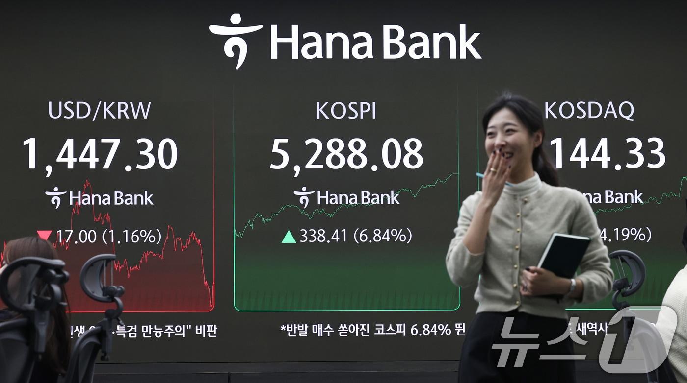 본문 이미지 - 코스피가 종가 기준 최고치를 경신한 3일 오후 서울 중구 하나은행 본점 딜링룸 전광판에 코스피지수가 전일대비 338.41포인트(6.84%) 오른 5,288.08을 나타내고 있다. 2026.2.3/뉴스1 ⓒ News1 구윤성 기자