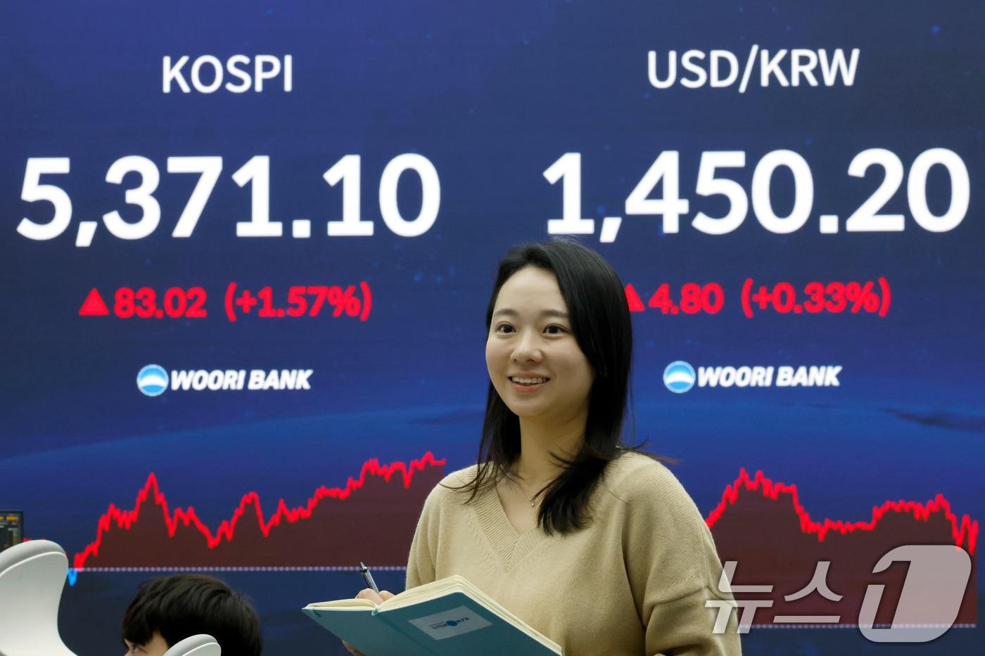 본문 이미지 - 4일 오후 서울 중구 우리은행 본점 딜링룸 전광판에 코스피와 환율이 표시되고 있다.2026.2.4/뉴스1 ⓒ News1 박정호 기자