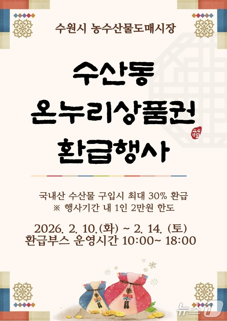 본문 이미지 -  경기 수원시 농수산물도매시장 온누리상품권 환급 행사 홍보물. (수원시 제공. 재판매 및 DB 금지) 2026.2.5/뉴스1