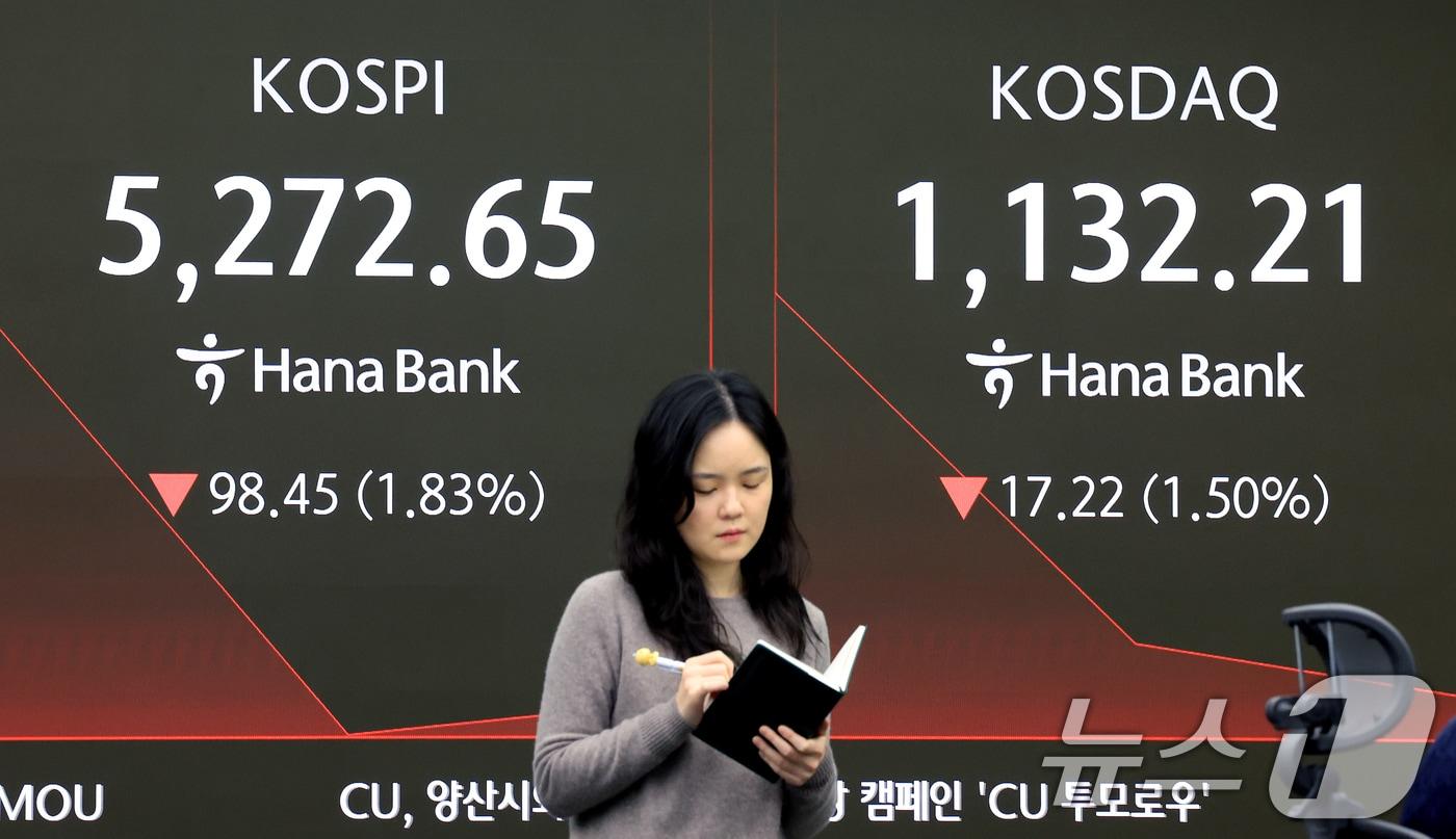 본문 이미지 - 코스피가 미국 기술주의 약세 영향을 받아 하락세로 출발한 5일 서울 중구 하나은행 딜링룸 전광판에 코스피 시황이 표시되고 있다. 2026.2.5/뉴스1 ⓒ News1 이호윤 기자
