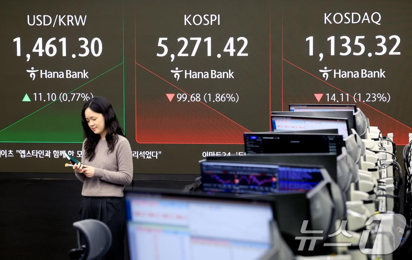 본문 이미지 - 코스피가 미국 기술주의 약세 영향을 받아 하락세로 출발한 5일 서울 중구 하나은행 딜링룸 전광판에 코스피 시황이 표시되고 있다. 2026.2.5/뉴스1 ⓒ News1 이호윤 기자