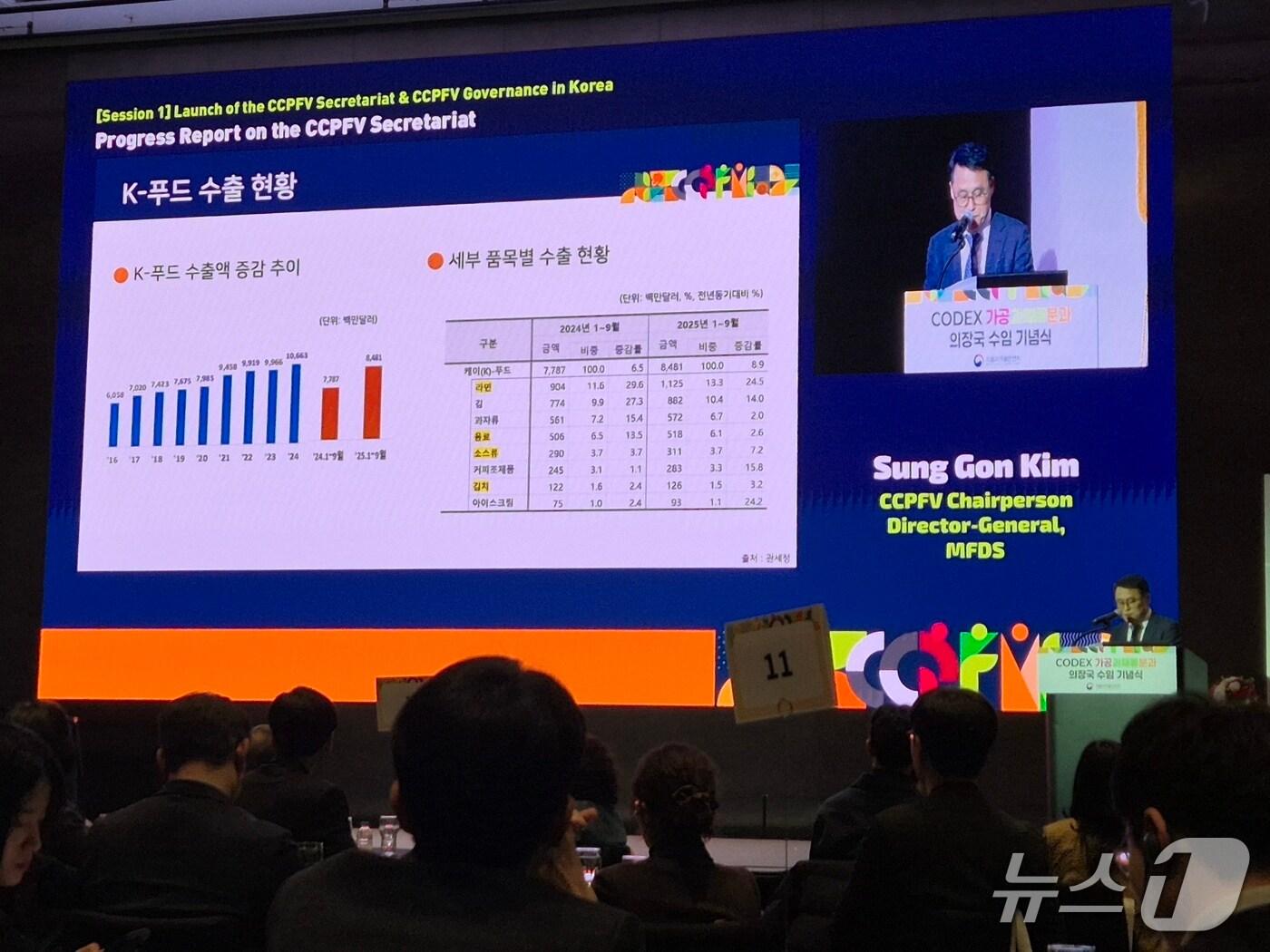 본문 이미지 - 김성곤 식품의약품안전처 식품안전정책국장(CODEX 가공과채류분과 의장)이 5일 열린 '의장국 수임 기념식'에서 앞으로의 활동 계획을 보고하고 있다. 2026.2.5/뉴스1 조유리 기자