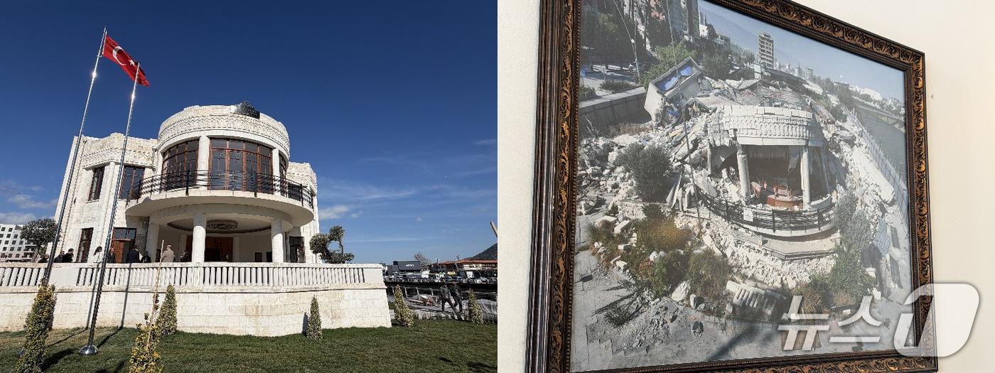 본문 이미지 - 4일(현지시간) 튀르키예 하타이주 도시 안타키아 도심에 있는 하타이 주의회 건물(왼쪽). 3년 전 강진으로 무너진 모습(오른쪽)과 대비를 이룬다. 2026.02.04/ⓒ 뉴스1 김민수 기자