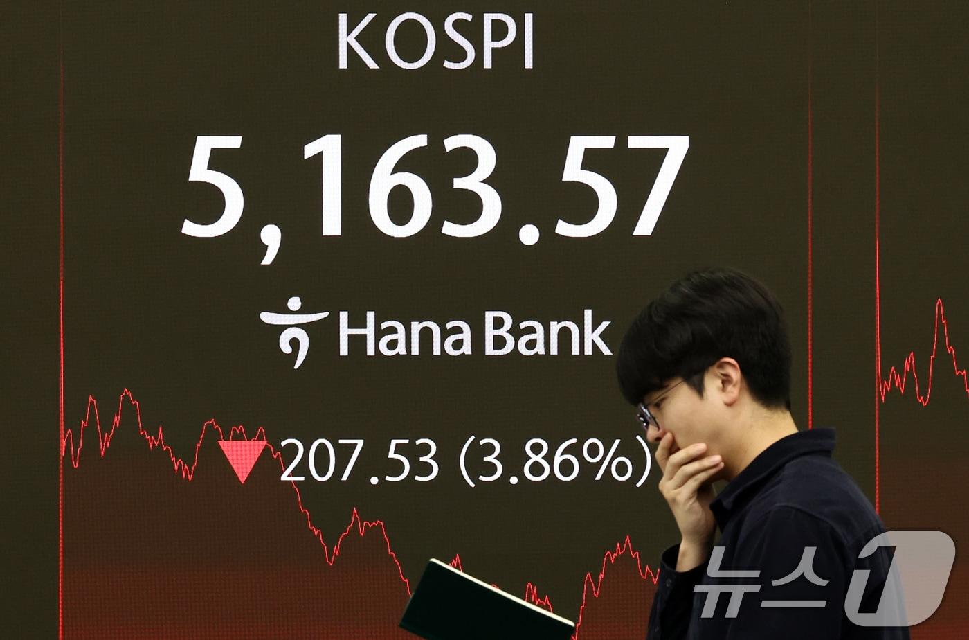 본문 이미지 - 5일 서울 중구 하나은행 본점 딜링룸 전광판에 코스피 종가가 표시되어 있다. 이날 코스피는 전 거래일 대비 207.53포인트(3.86%) 하락한 5163.57, 코스닥은 전 거래일 대비 41.02포인트(3.57%) 내린 1108.41로 장을 마쳤다. 2026.2.5/뉴스1 ⓒ News1 최지환 기자