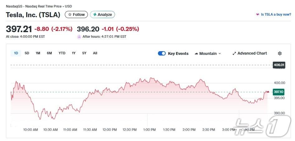 본문 이미지 - 테슬라 일일 주가추이 - 야후 파이낸스 갈무리