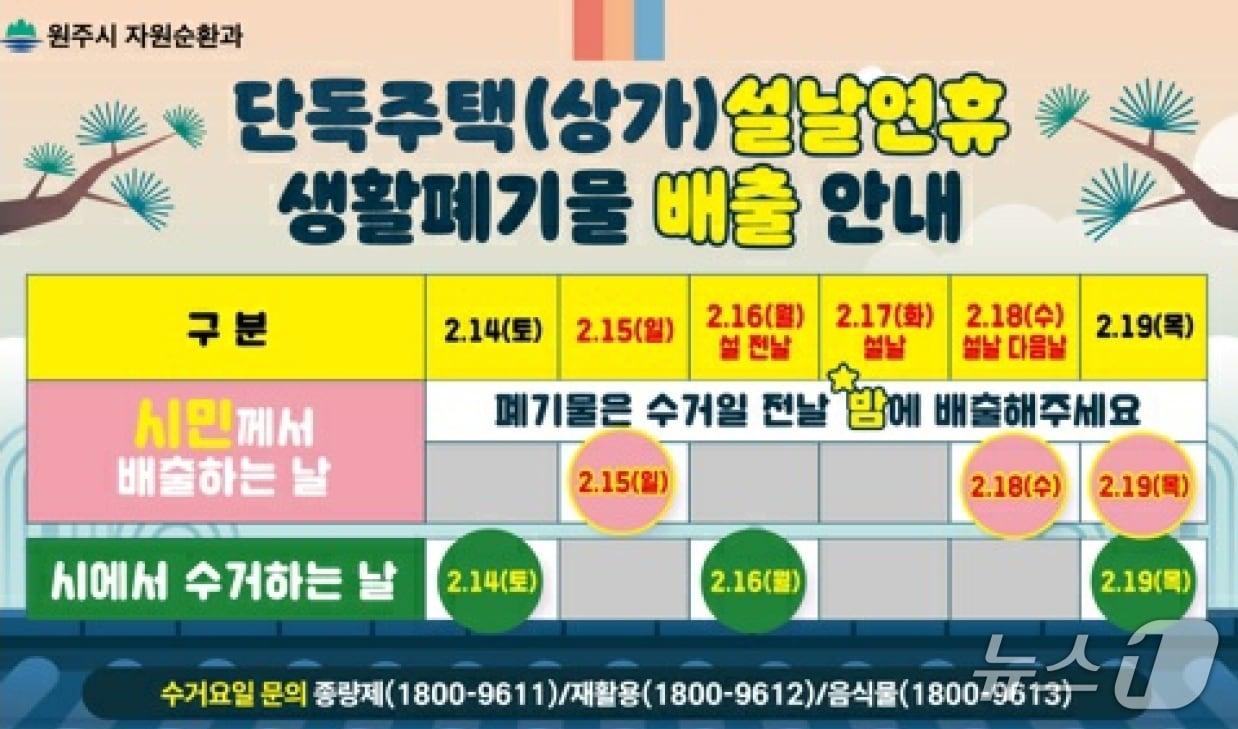 본문 이미지 - 강원 원주시의 설 연휴 생활폐기물 배출 안내 자료. (원주시 제공. 재판매 및 DB금지) 2026.2.6/뉴스1