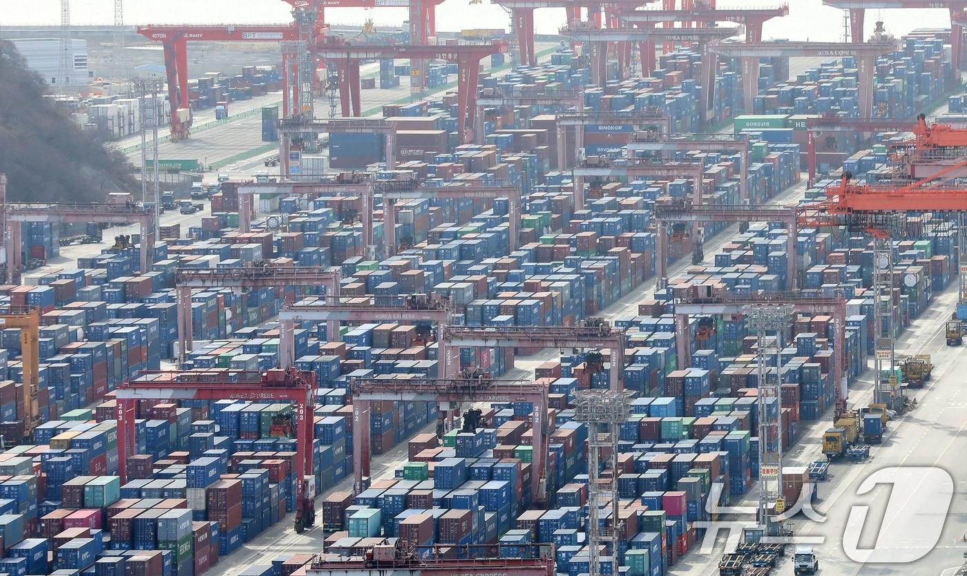 본문 이미지 - 6일 부산항 신선대부두 야적장에 컨테이너가 가득 쌓여 있다. 2026.2.6 / ⓒ 뉴스1 윤일지 기자