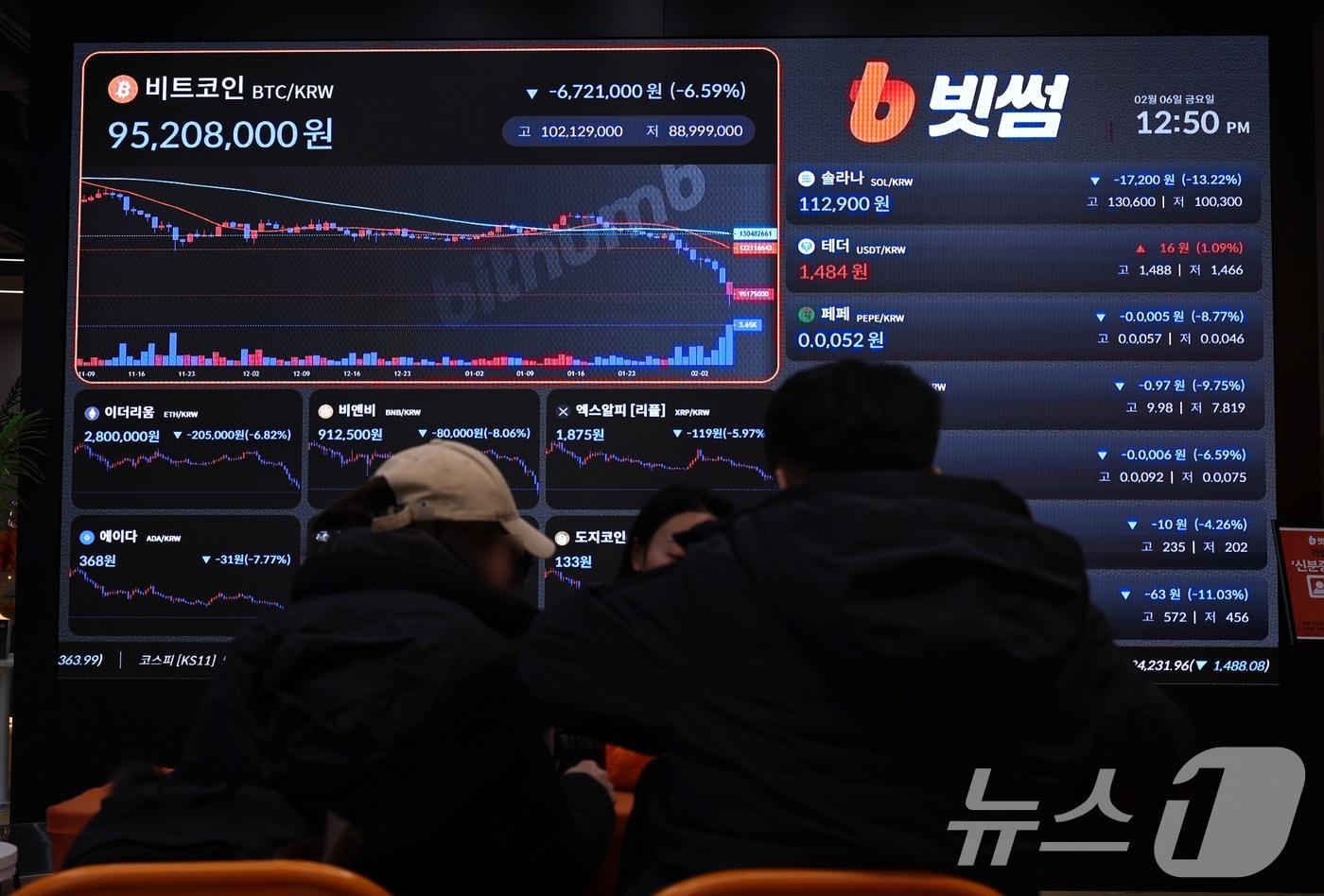 6일 서울 강남구 빗썸 라운지에 설치된 암호화폐 시세 현황판 앞에서 방문객들이 계좌 개설 상담을 받고 있다. 이날 비트코인 1개의 가격은 종가 기준 2024년 10월 말 이후 최저 수준인 6만6060달러를 기록했다. 2026.2.6 ⓒ 뉴스1 구윤성 기자