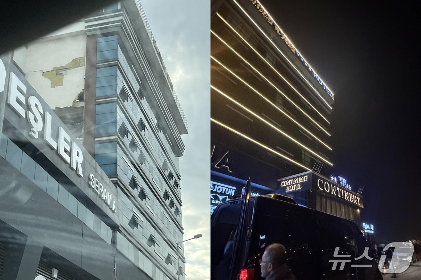 본문 이미지 - 튀르키예 중남부 도시 카흐라만마라쉬의 한 호텔의 3년 전 모습(왼쪽)과 현재의 모습(오른쪽). 지진 당시 지진 피해로 영업을 중단해야 했다.