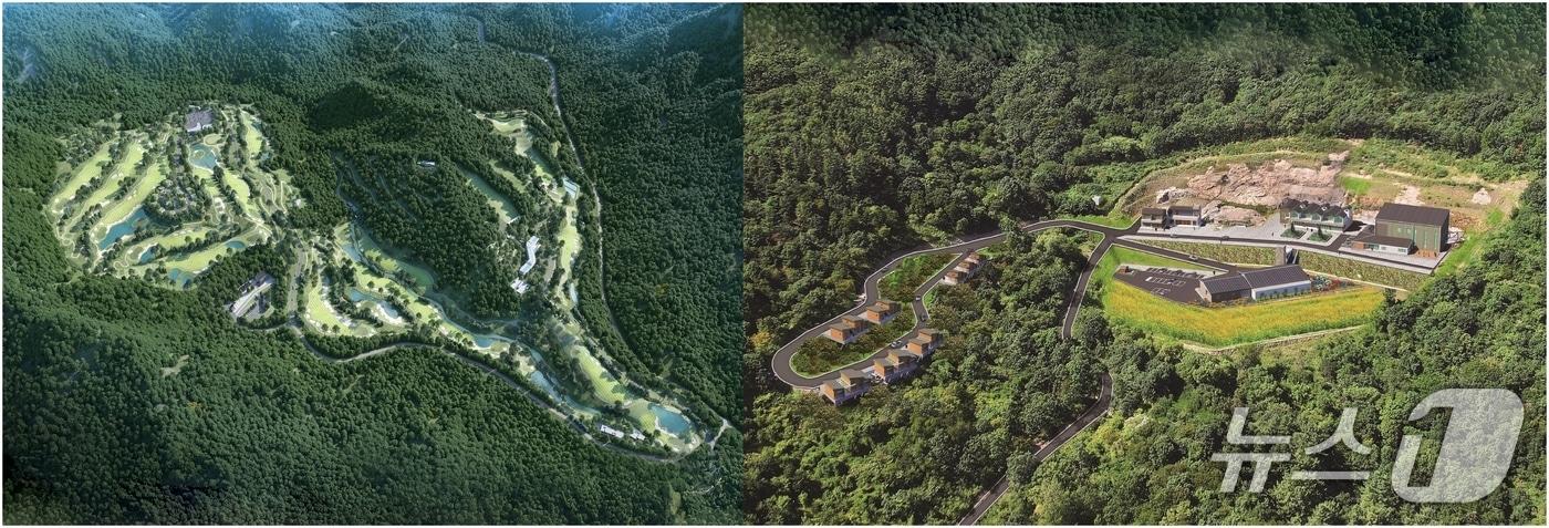 본문 이미지 - 충북 괴산 장연면 오가리 골프장 조감도(왼쪽)와 박달산 산림휴양단지 조감도.(괴산군 제공, 재판매 및 DB금지)/뉴스1