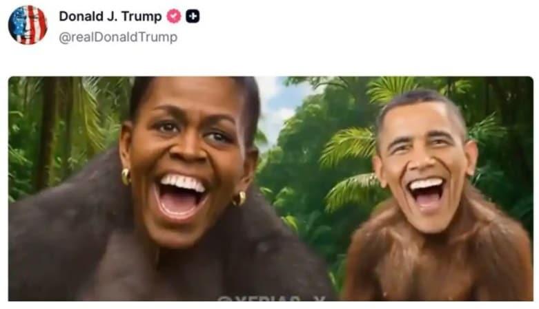 본문 이미지 -  도널드 트럼프 미국 대통령이 자신의 SNS 트루스소셜에 게시한 선거 음모론 영상에 나오는 버락 오바마 전 대통령 부부(트럼프 트루스소셜 갈무리)