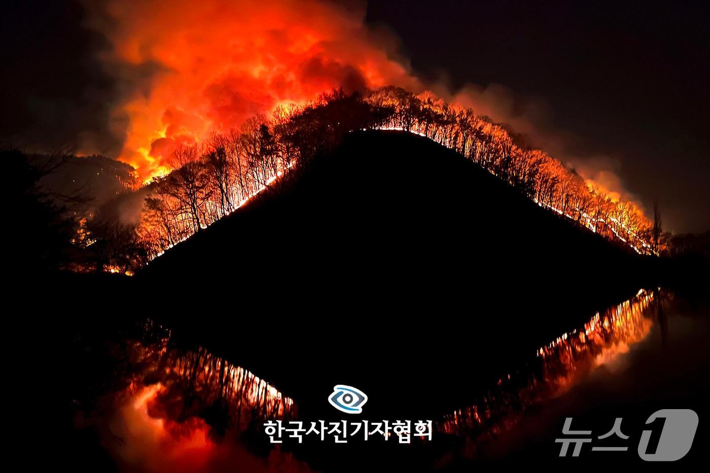 본문 이미지 - 제62회 한국보도사진상 뉴스 부문 우수상 - 경북 의성 산불 이틀째인 23일 오후 어둠이 짙게 깔린 의성읍 업리 동사곡저수지 뒤편 야산에 산불이 입을 벌린 거대한 괴물처럼 번지고 있다.