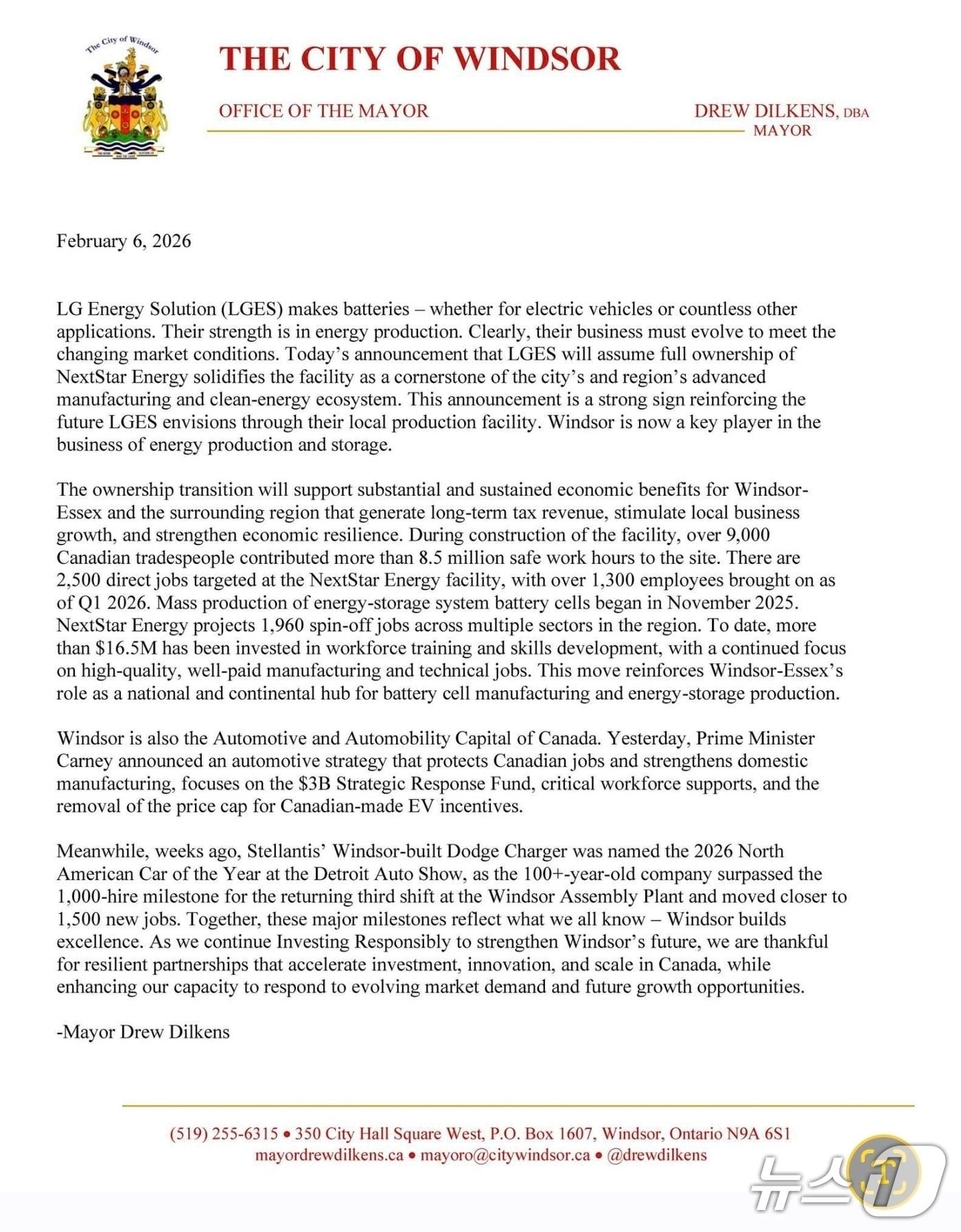 본문 이미지 - LG에너지솔루션의 넥스트스타 에저지 단독법인 전환을 축하하는 드루 딜킨스(Drew Dilkens) 캐나다 윈저시 시장의 성명.(드루 딜킨스 시장 페이스북 캡쳐) 