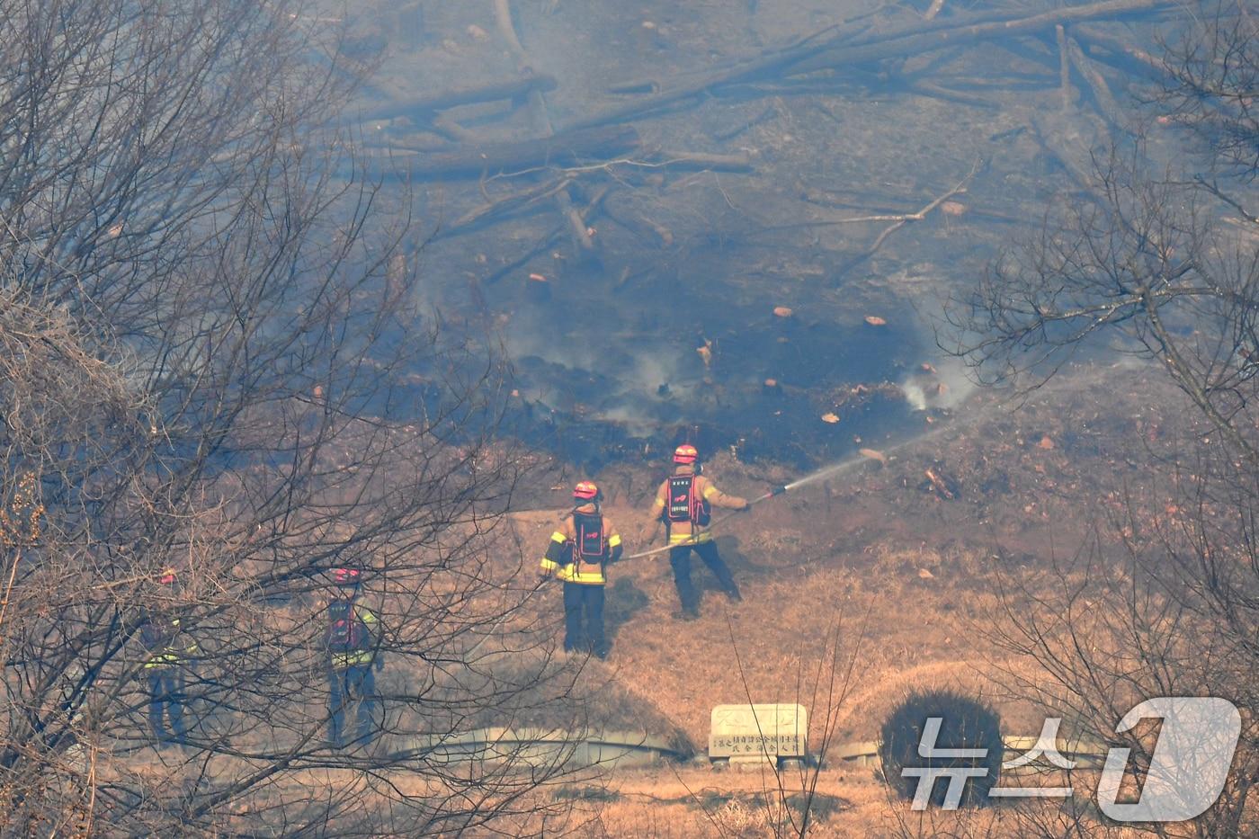 본문 이미지 - 8일 오전 경북 경주시 문무대왕면 입천리에서 발생한 산불이 강풍을 타고 확산되고 있는 가운데 소방과 산림당국이 진화 작업을 벌이고 있다. 2026.2.8 ⓒ 뉴스1 최창호 기자