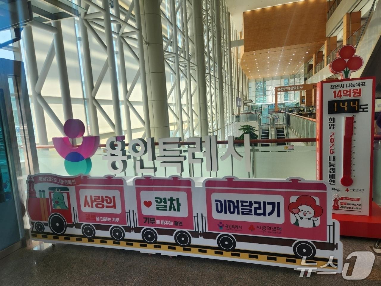 본문 이미지 - 용인시청에 설치된 이웃돕기 나눔 캠페인 '사랑의 열차 이어달리기' 조형물과 목표 모금액을  넘어섰을 당시 사랑의 온도탑 모습.(용인시 제공)