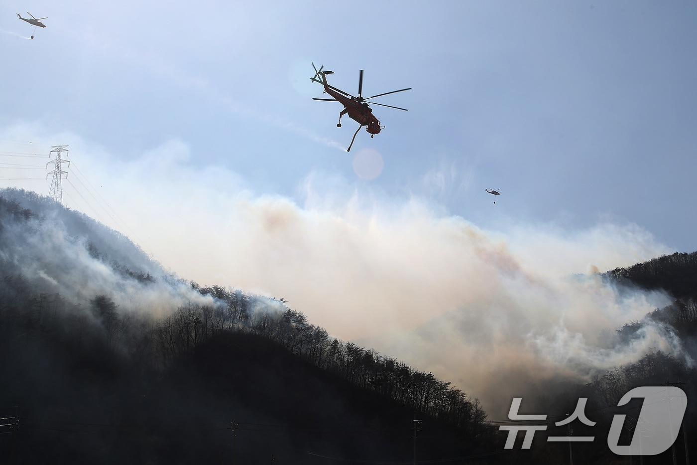 본문 이미지 - 강풍 속 진화에 나선 헬기 모습.(사진은 기사 내용과 무관함) / 뉴스1