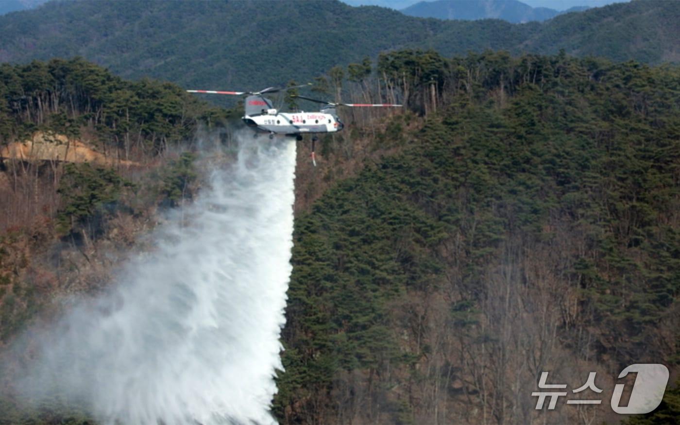 본문 이미지 - 산림청이 산불 초기대응과 신속한 진화를 위해 지난해 도입한 1만 리터를 탑제 수 있는 CH-47 초대형헬기(치누크)가 경주산불에는 출동하자 못한 것으로 확인됐다. (경북도제공, 재판매 및 DB금지) 2026.2.9/뉴스1 