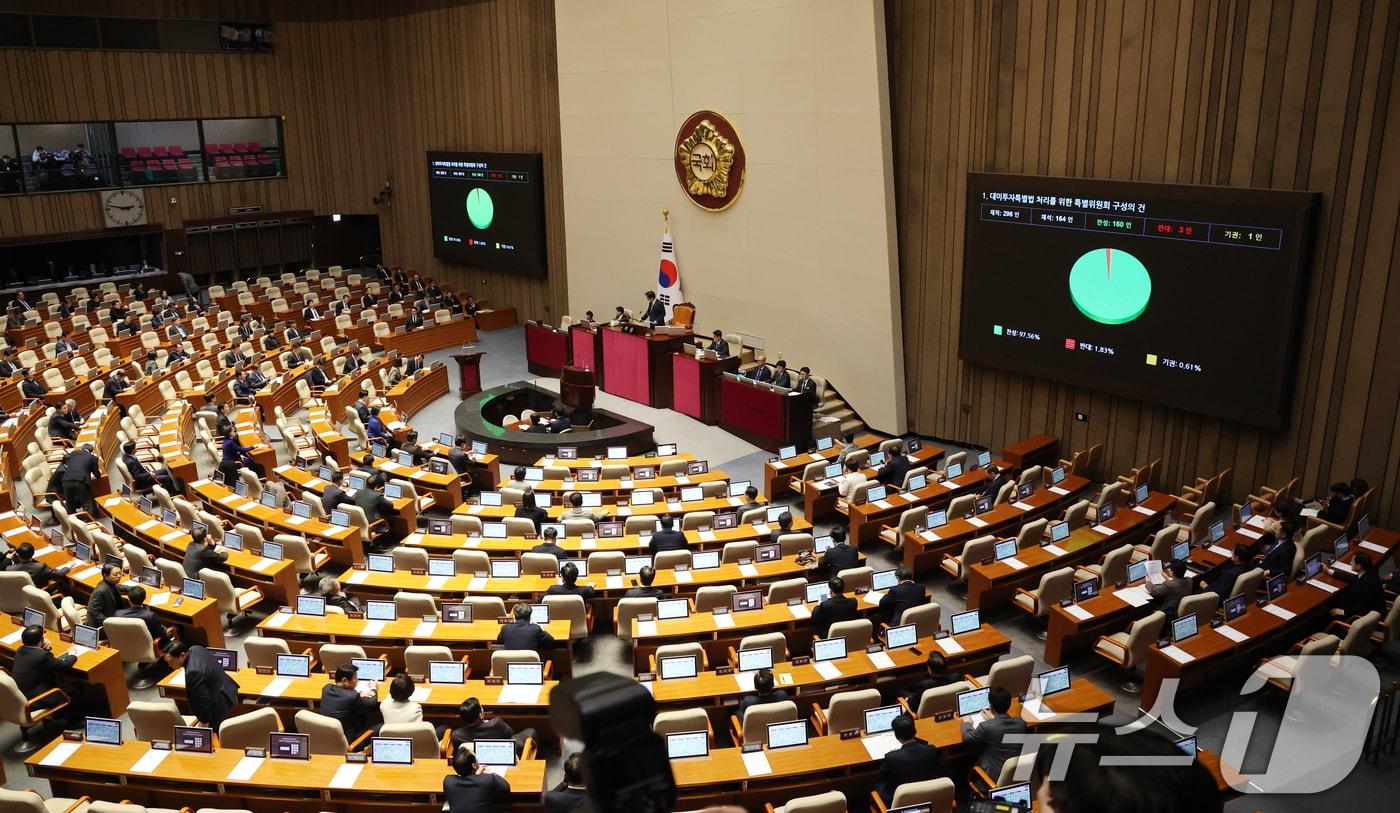 본문 이미지 - 9일 서울 여의도 국회에서 열린 제432회국회(임시회) 제4차 본회의에서 대미투자특별법 처리를 위한 특별위원회 구성의 건이 찬성 160, 반대 3, 기권1표로 통과되고 있다. 2026.2.9 ⓒ 뉴스1 이승배 기자