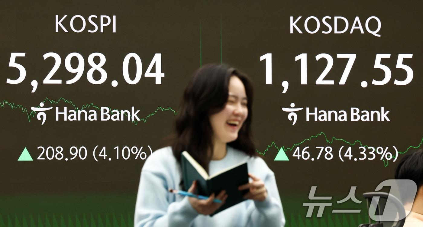 본문 이미지 - 9일 서울 중구 하나은행 본점 딜링룸 전광판에 코스피 종가가 표시되어 있다. 이날 코스피는 전 거래일 대비 208.90포인트(4.10%) 오른 5298.04, 코스닥은 전 거래일 대비 46.78포인트(4.33%)상승한 1127.55로 장을 마쳤다. 2026.2.9 ⓒ 뉴스1 최지환 기자