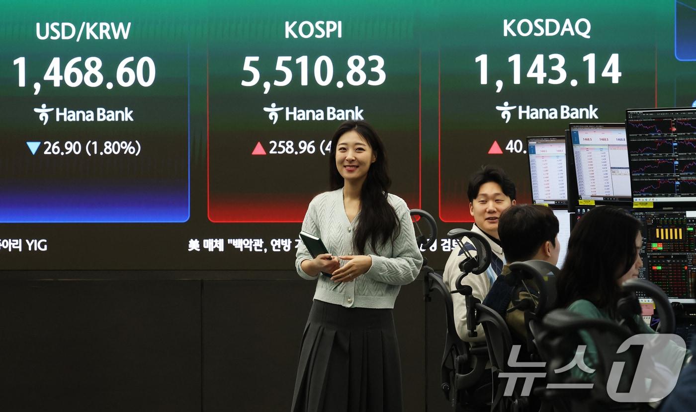 본문 이미지 - 코스피가 급등하며 매수 사이드카가 발동한 10일 오전 서울 중구 하나은행 딜링룸 전광판에 코스피 시황이 표시되고 있다. 이날 코스피는 전 거래일 대비 5.17% 오른 5523.21, 코스닥은 4.15% 오른 1,147.99, 원·달러환율은 24.7원 내린 1470.8원에 개장했다. 2026.3.10 ⓒ 뉴스1 오대일 기자