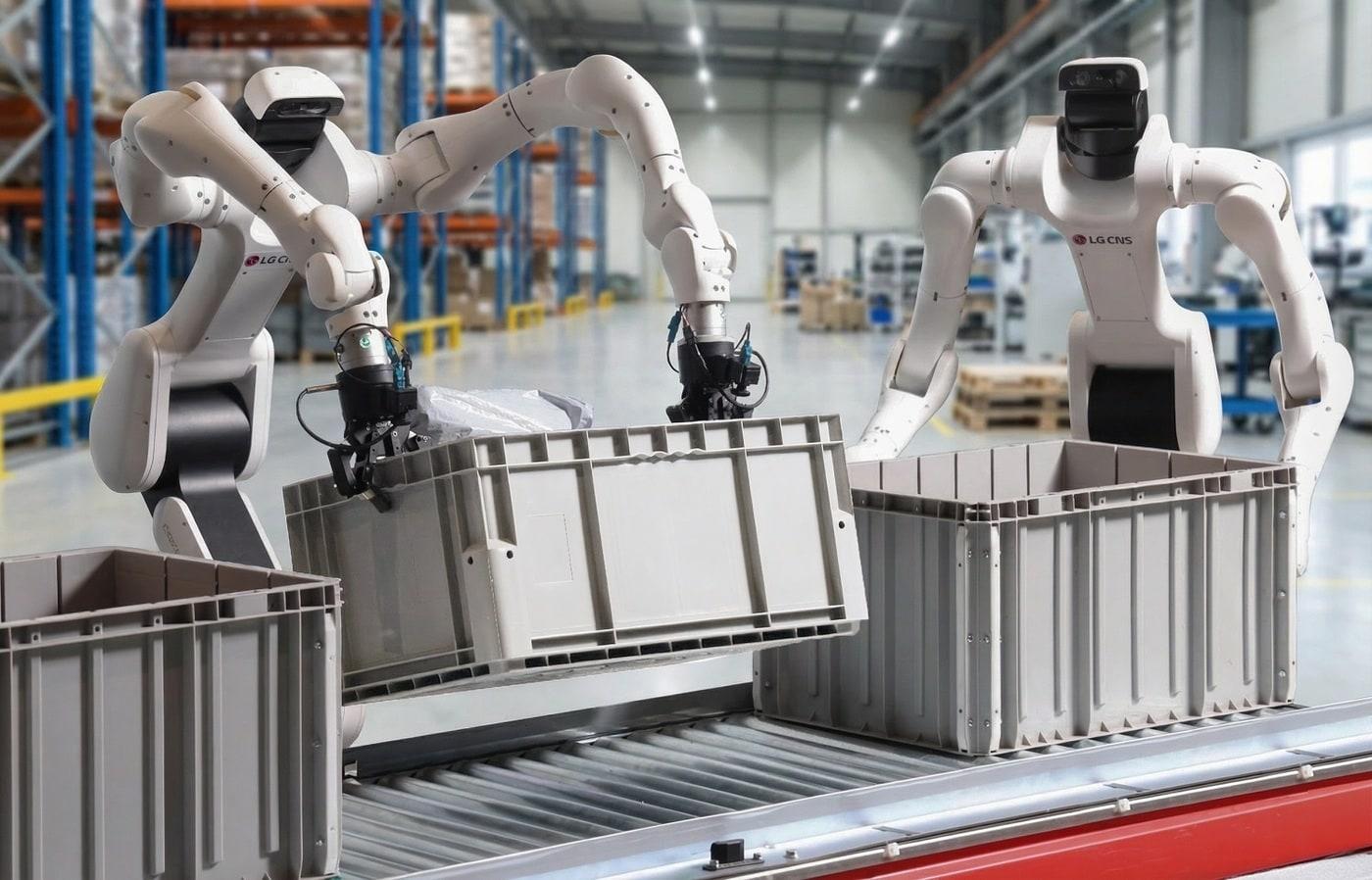 본문 이미지 - LG CNS가 덱스메이트 휴머노이드 로봇을 산업현장에 투입하기 위해 트레이닝 시키는 모습.(AI 생성 가상 이미지·LG CNS 제공)