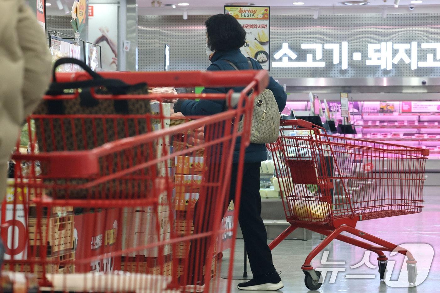 본문 이미지 - 10일 서울의 한 대형마트를 찾은 시민들이 장을 보고 있다. 2026.3.10 ⓒ 뉴스1 이광호 기자