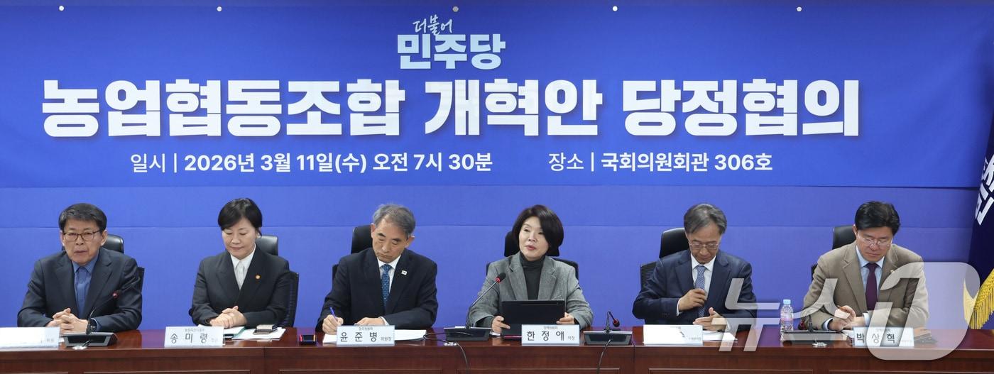 본문 이미지 - 한정애 더불어민주당 정책위의장이 11일 서울 여의도 국회 의원회관에서 열린 농업협동조합(농협) 개혁안 당정협의에서 발언하고 있다. 2026.3.11 ⓒ 뉴스1 신웅수 기자