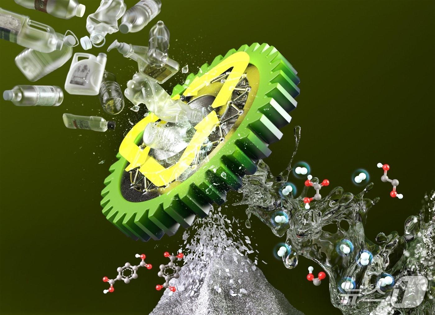 본문 이미지 - 연구팀의 페트병 재활용 기술을 묘사한 그린 케미스트 저널 표지 이미지.(UNIST 제공. 재판매 및 DB금지)/뉴스1