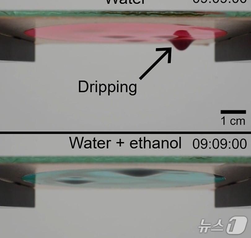 본문 이미지 - 단순 잉크(위)와 알코올이 첨가된 잉크 비교(KAIST 제공) /뉴스1