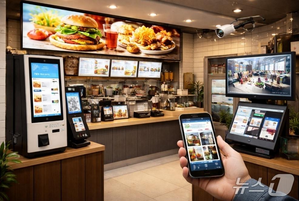 본문 이미지 - 사진은 스마트폰으로 매장에 설치된 디지털 사이니지를 확인하는 모습.(대경ICT산업협회 제공, 재판매 및 DB 금지)