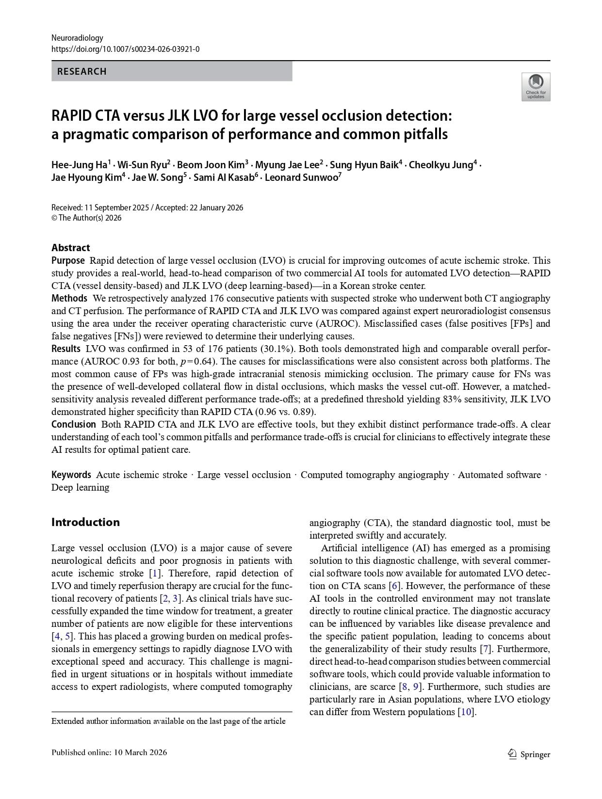 본문 이미지 - 국제 학술지 'Neuroradiology'에 게재된 논문. (제이엘케이 제공)