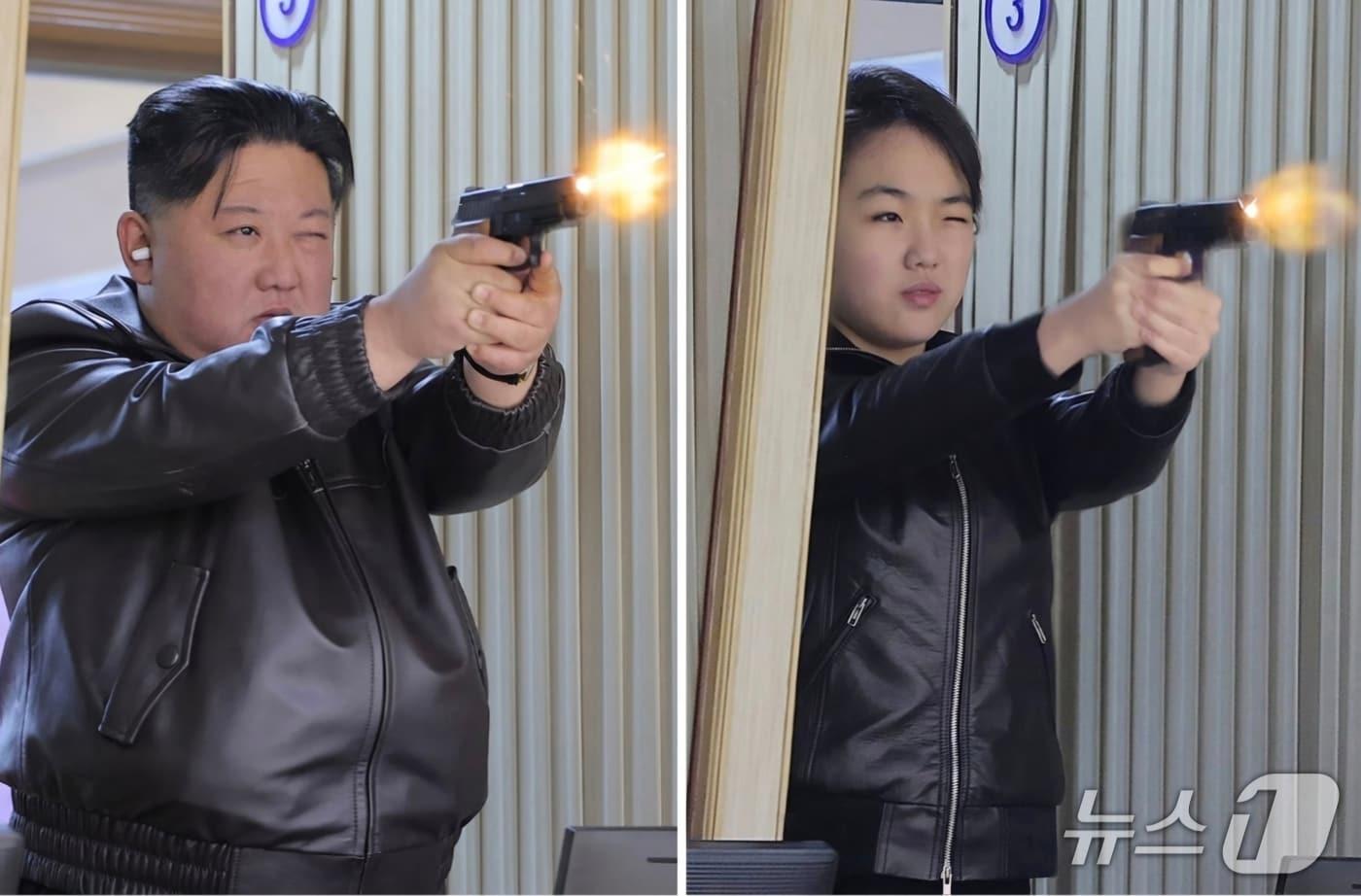 본문 이미지 - (평양 노동신문=뉴스1) = 12일 북한 노동신문 1면에 보도된 사진. 주애가 북한 고위급 간부들과 어깨를 나란히 한채 신형 권총으로 사격하고 있다. [국내에서만 사용가능. 재배포 금지. DB 금지. For Use Only in the Republic of Korea. Redistribution Prohibited] rodongphoto@news1.kr