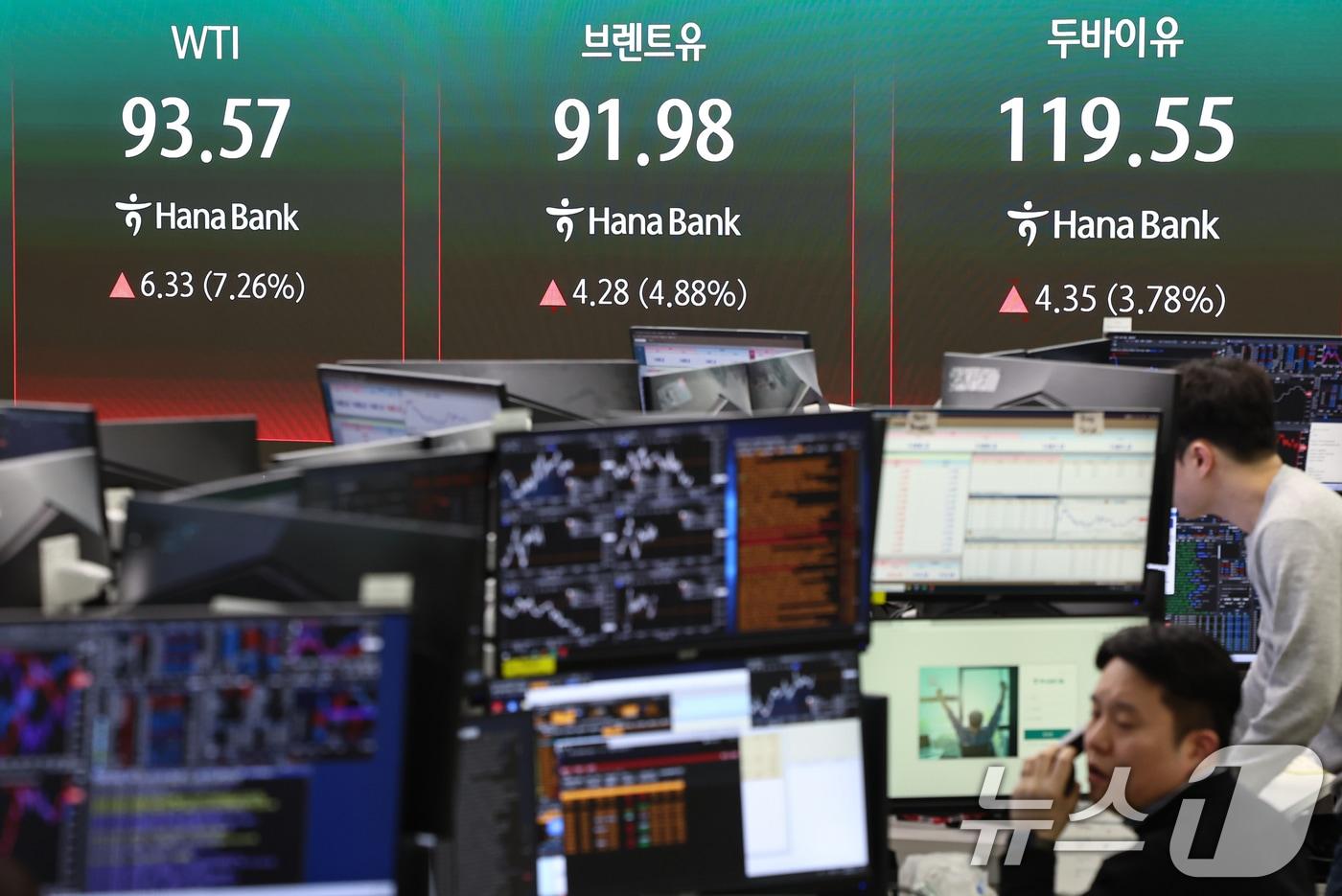 본문 이미지 - 국제유가가 급등한 12일 서울 중구 하나은행 본점 딜링룸 전광판에 서부텍사스산중질유(WTI), 브렌트유, 두바이유 선물 가격이 표시되고 있다. 2026.3.12 ⓒ 뉴스1 김도우 기자