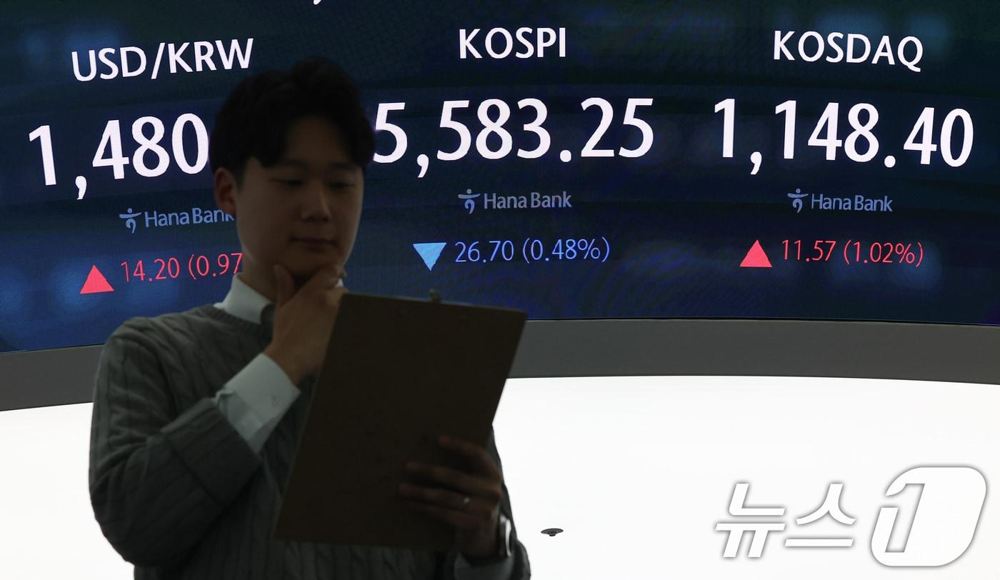 본문 이미지 - 12일 서울 중구 하나은행 본점 딜링룸 전광판에 종가가 표시되고 있다. 이날 코스피는 전 거래일 대비 26.70포인트(0.48%) 하락한 5,583.25, 코스닥은 전 거래일 대비 11.57포인트(1.02%) 상승한 1,148.40로 장을 마쳤다. 2026.3.12 ⓒ 뉴스1 김도우 기자