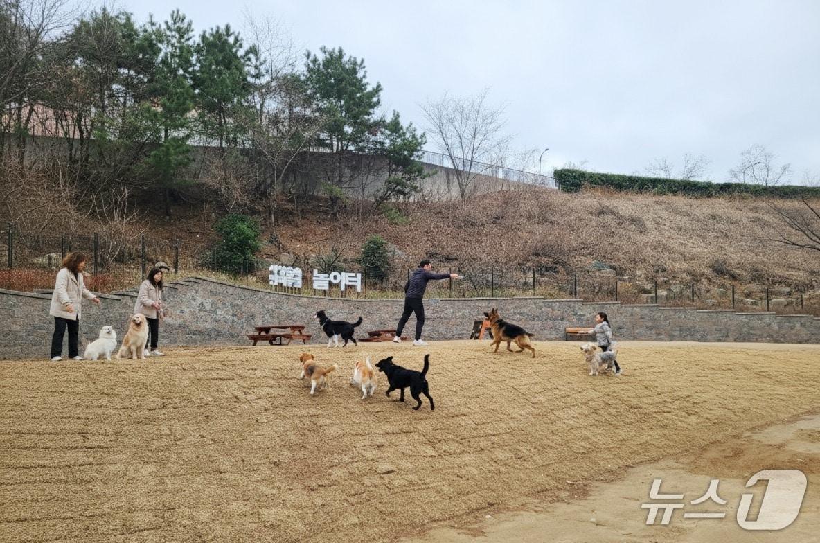 본문 이미지 - 부산 사상 숲속 반려동물놀이터를 방문한 시민이 반려견과 시설을 이용하고 있다.(사상구 제공. 재판매 및 DB 금지)