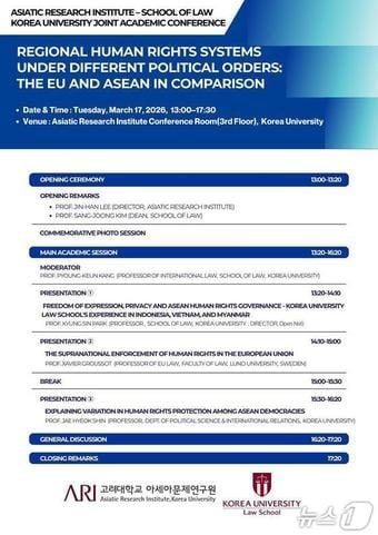 본문 이미지 - 고려대 EU-아세안 인권 체제 비교 국제학술회의 포스터.(고려대 제공)
