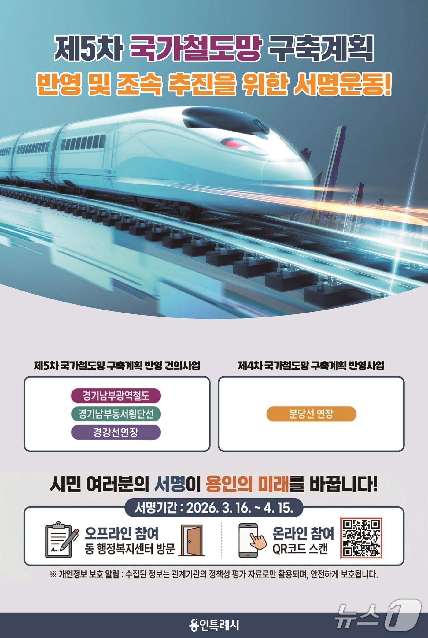 본문 이미지 - 경기남부광역철도 제5차 국가철도망 구축계획 반영 및 조속 추진을 위한 용인시민 서명운동 홍보 포스터.(용인시 제공)