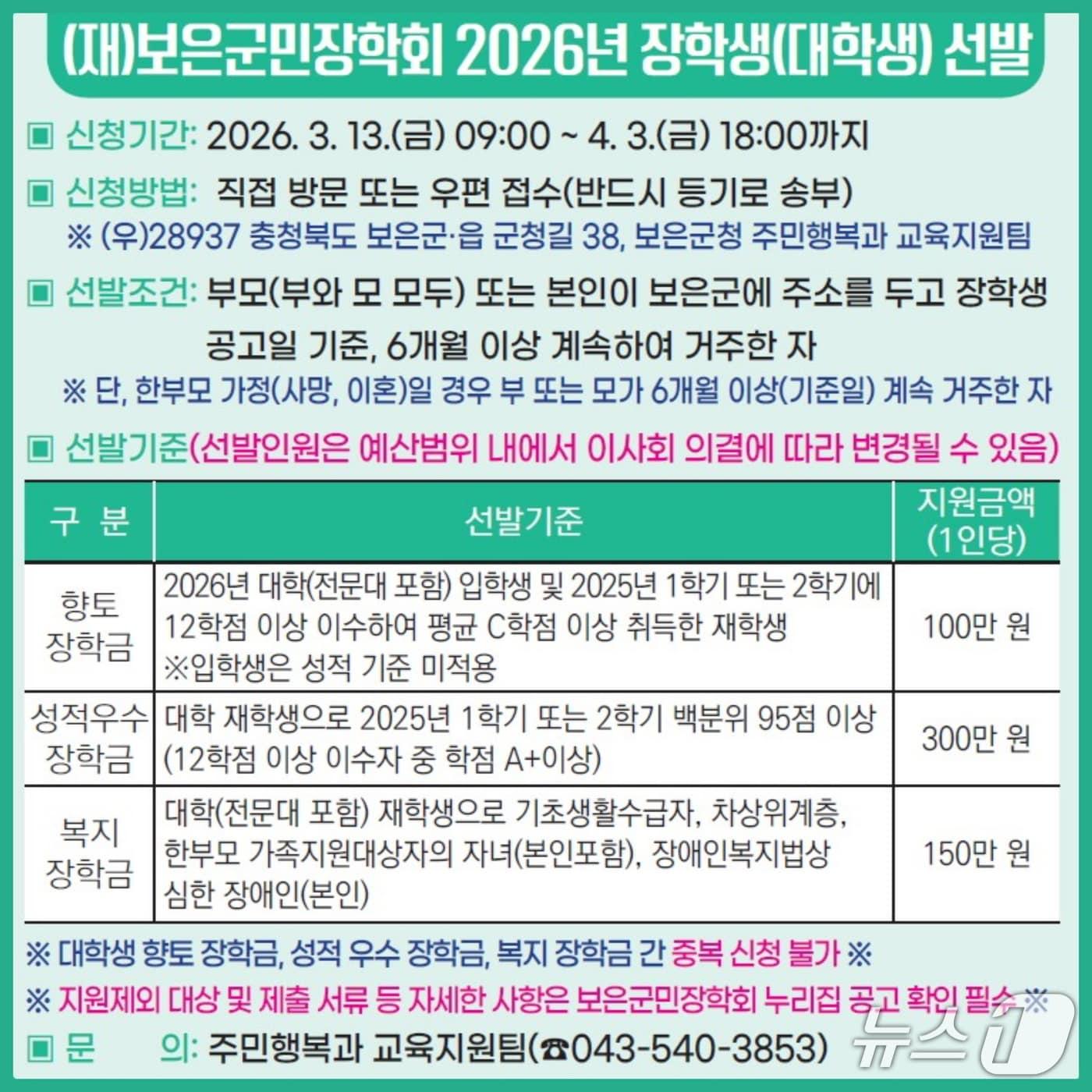 본문 이미지 - 보은군민장학회 대학생 장학생 모집 안내(보은군 제공. 재판매 및 DB금지)