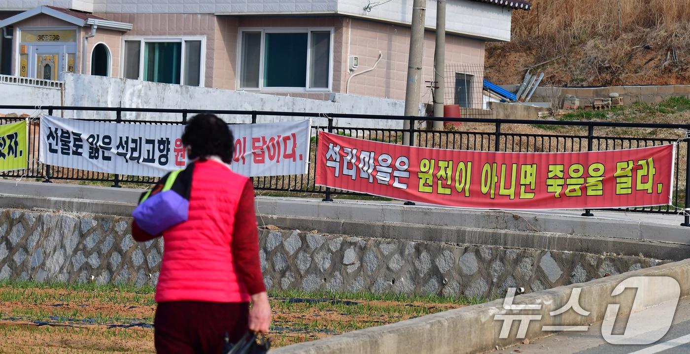 본문 이미지 - 지난해 3월 산불 피해를 입은 경북 영덕군 영덕읍 석리 마을의 도로 주변에 정부의 신규 원전 유치를 찬성하는 현수막이 걸려있다. 산불로 영덕군에서는 군 전체 면적의 27%에 해당하는 2만ha의 피해를 냈다./뉴스1 최창호 기자