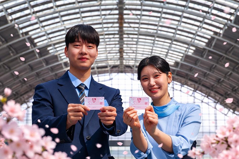 본문 이미지 - 코레일 직원이 역명판 레일플러스 벚꽃에디션 카드를 소개하고 있다.(한국철도공사 제공)뉴스1ⓒ news1