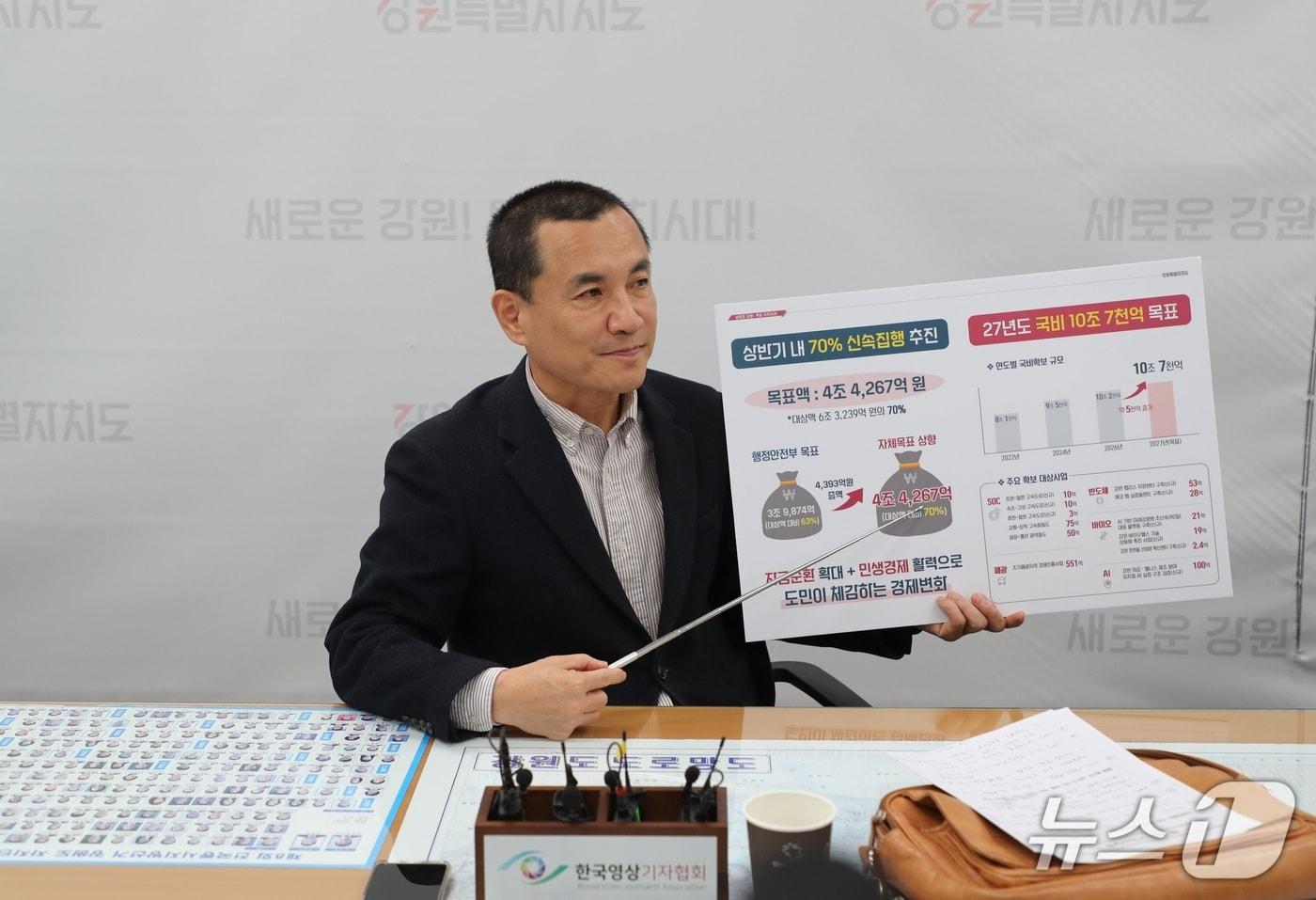 본문 이미지 - 김진태 강원도지사가 16일 기자간담회에서 내년도 국비 목표액 등에 대해 설명하고 있다.(강원도 제공. 재판매 및 DB금지)/뉴스1