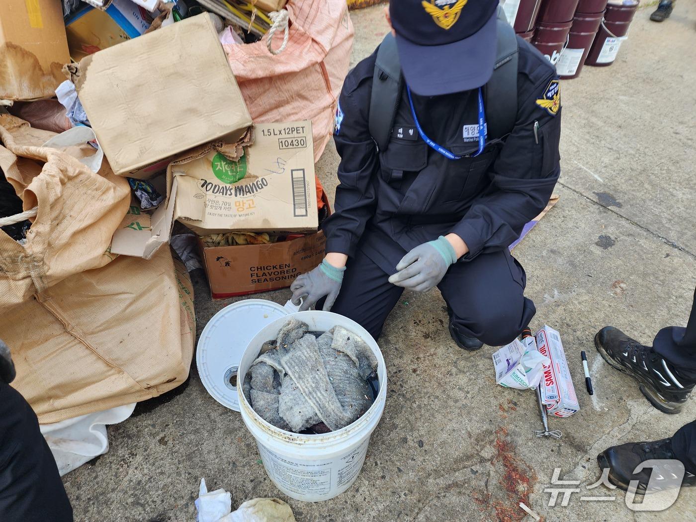 본문 이미지 - 해경이 조사를 위해 시료를 채취하고 있는 모습 (해경 제공. 재판매 및 DB금지)