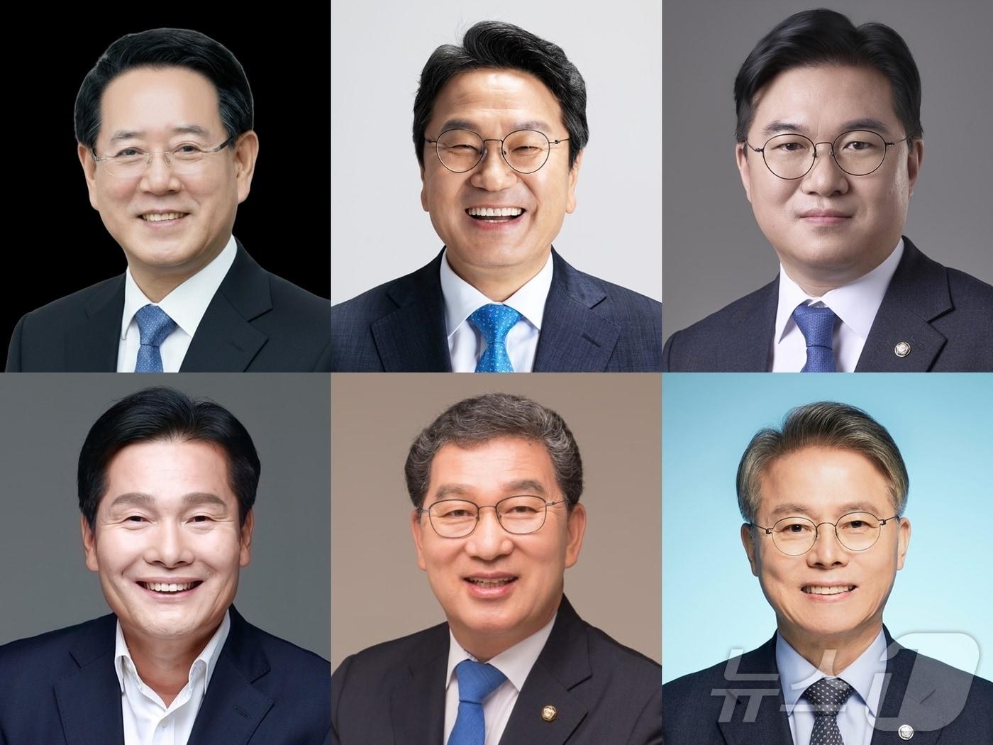 본문 이미지 - 더불어민주당 전남광주통합특별시장 후보군들. 윗줄 왼쪽부터 기호순 1번 김영록, 2번 강기정, 3번 정준호, 아래 왼쪽부터 4번 주철현, 5번 신정훈, 6번 민형배 2026.3.16 ⓒ 뉴스1