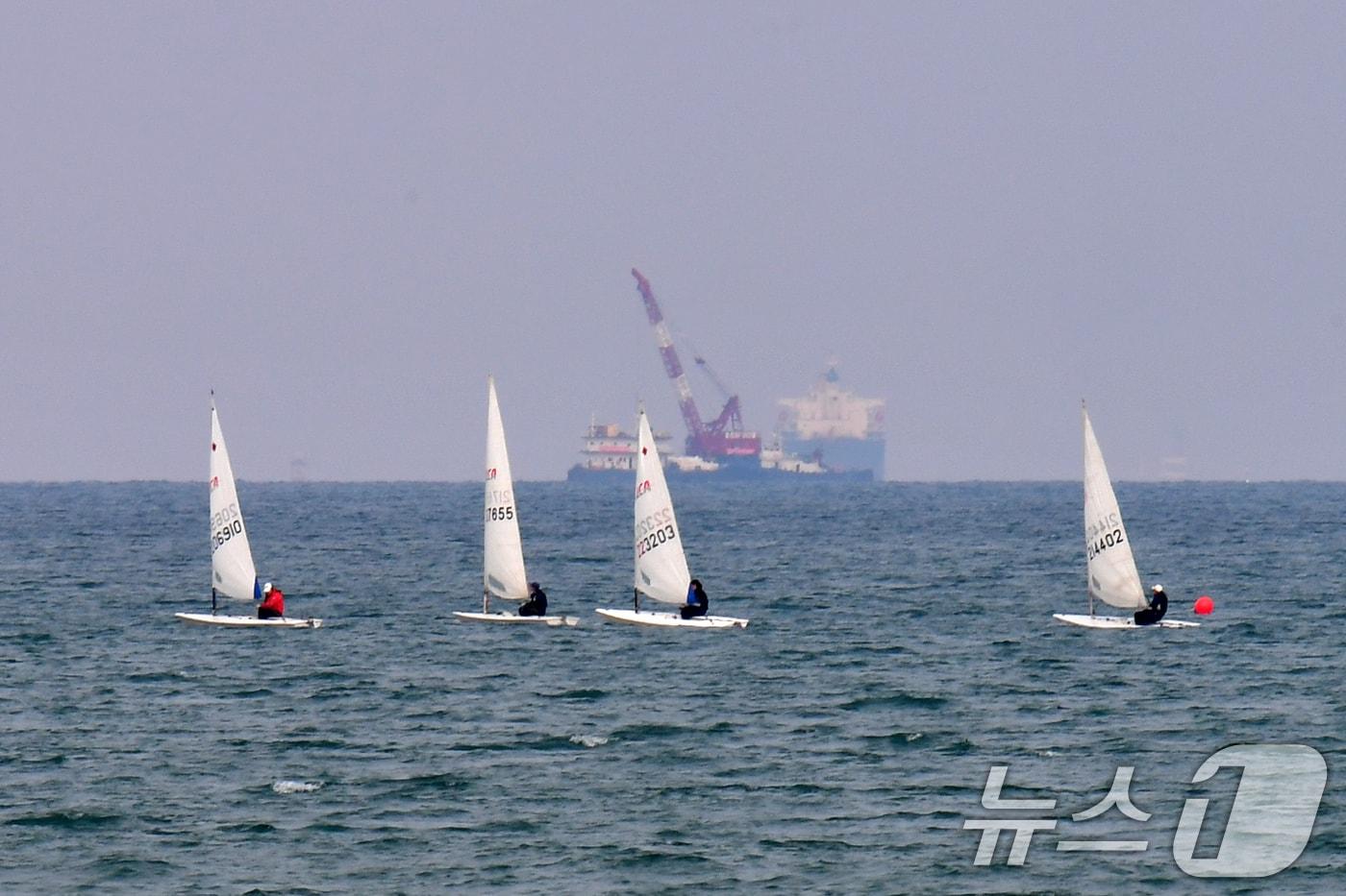 본문 이미지 - 16일 오후 경북 포항시 북구 영일대해수욕장 앞바다에서 딩기요트들이 봄바람을 타고 달리고 있다. 2026.3.16 ⓒ 뉴스1 최창호 기자