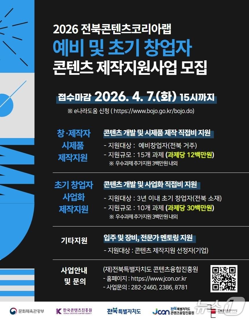 본문 이미지 - 2026 전북콘텐츠코리아랩 예비 및 초기 창업자 콘텐츠 제작 지원사업 모집 안내문.(전북도 콘텐츠융합진흥원 제공. 재판매 및 DB금지)/뉴스1 