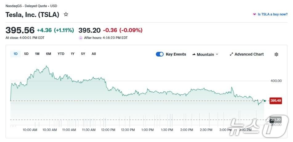 본문 이미지 - 테슬라 일일 주가 추이 - 야후 파이낸스 갈무리