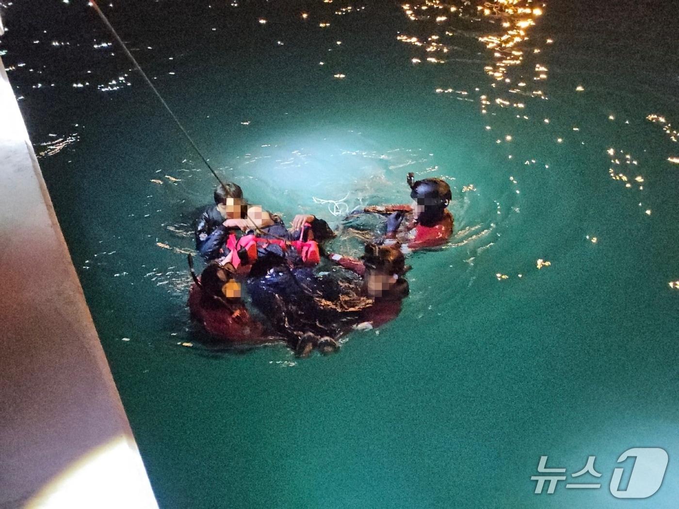 본문 이미지 - 17일 오후 10시 10분께 울산 울주군 온산국가산단 내 탱크터미널 업체 앞 해상에서 "사람 2명이 빠졌다"는 신고가 접수돼 해경이 구조하고 있다.(울산해경 제공. 재판매 및 DB금지)/뉴스1