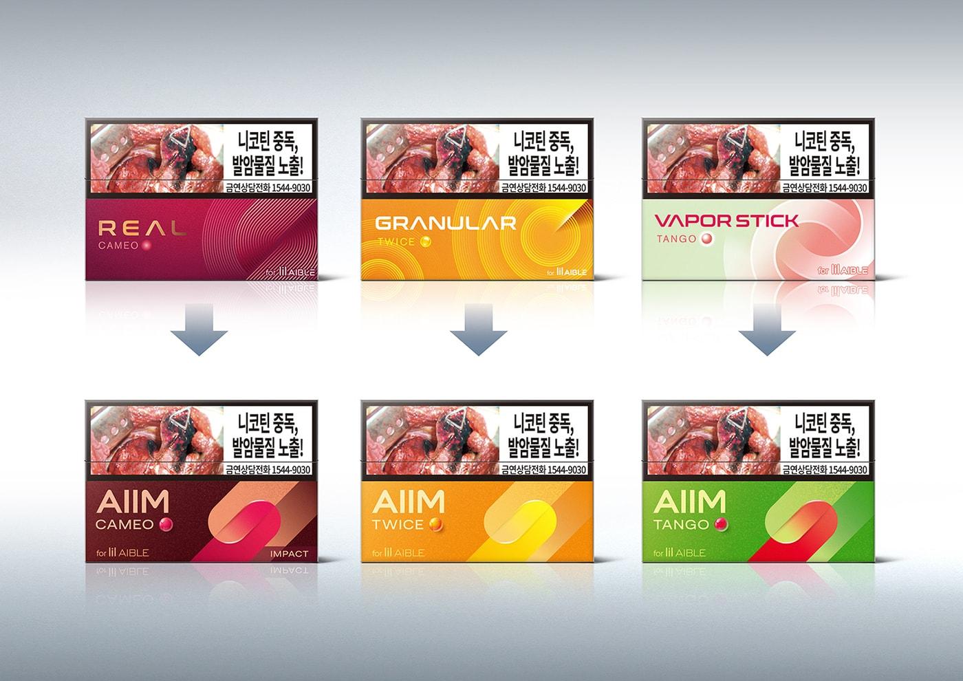 본문 이미지 - 릴 에이블 전용스틱 '에임' 제품 3종 이미지.(KT&G 제공)