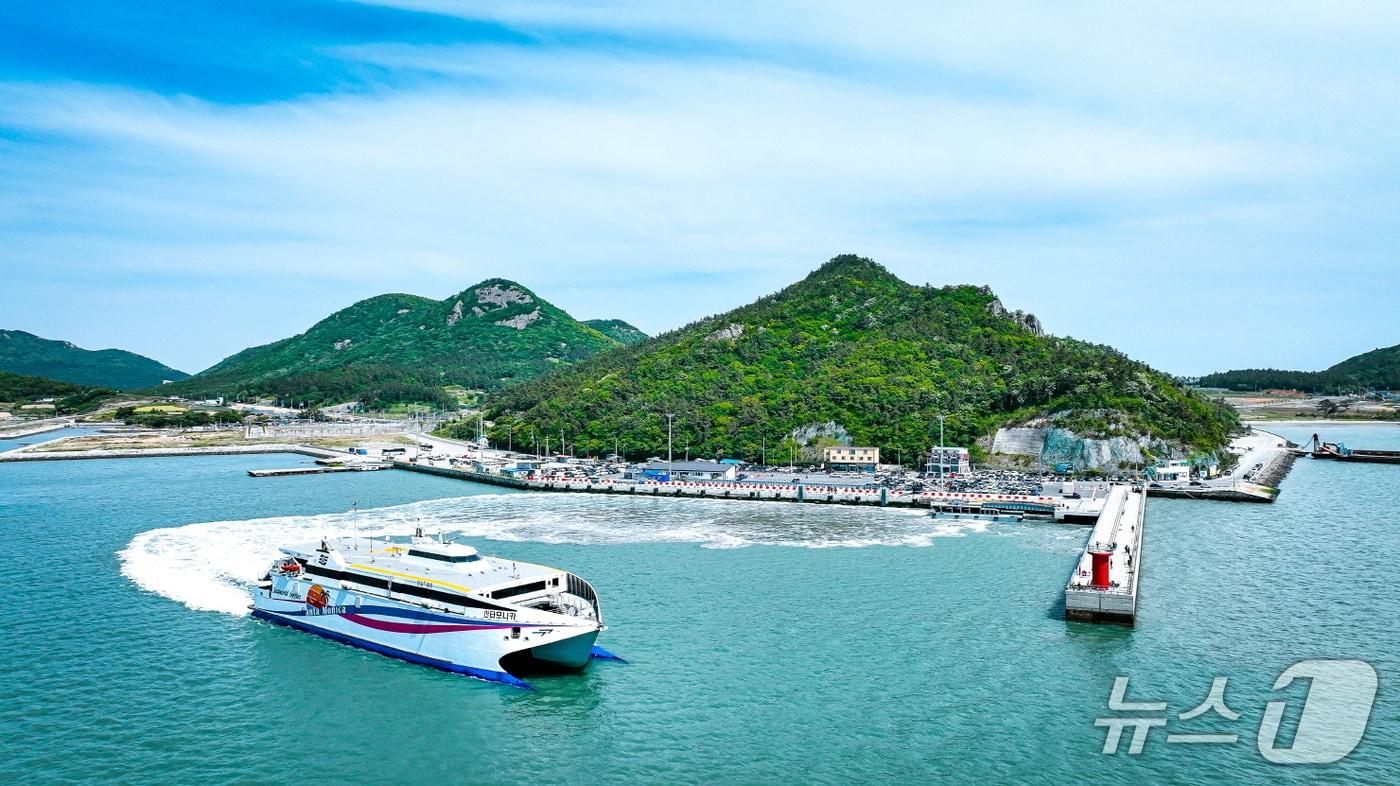 본문 이미지 - 진도항과 제주항을 잇는 산타모니카호가 진도항에서 출항하고 있다.(진도군 제공, 재판매 및 DB금지)/뉴스1 
