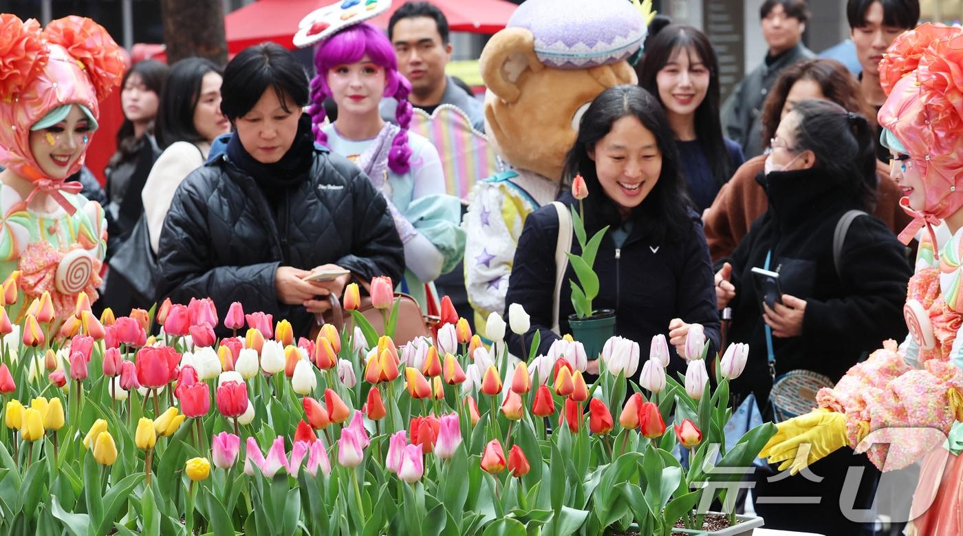 본문 이미지 - 18일 오후 서울 중구 명동거리에서 얄린 '도심에서 미리 만나는 에버랜드 튤립축제' 캠페인에서 에버랜드 공연 연기자들이 시민들에게 싱그러운 튤립 화분을 선물하고 있다. 튤립, 수선화, 무스키리 등 100여 종 120만 송이의 화사한 봄꽃을 선보이는 에버랜드 튤립축제는 오는 20일 막을 올린다. 2026.3.18 ⓒ 뉴스1 오대일 기자